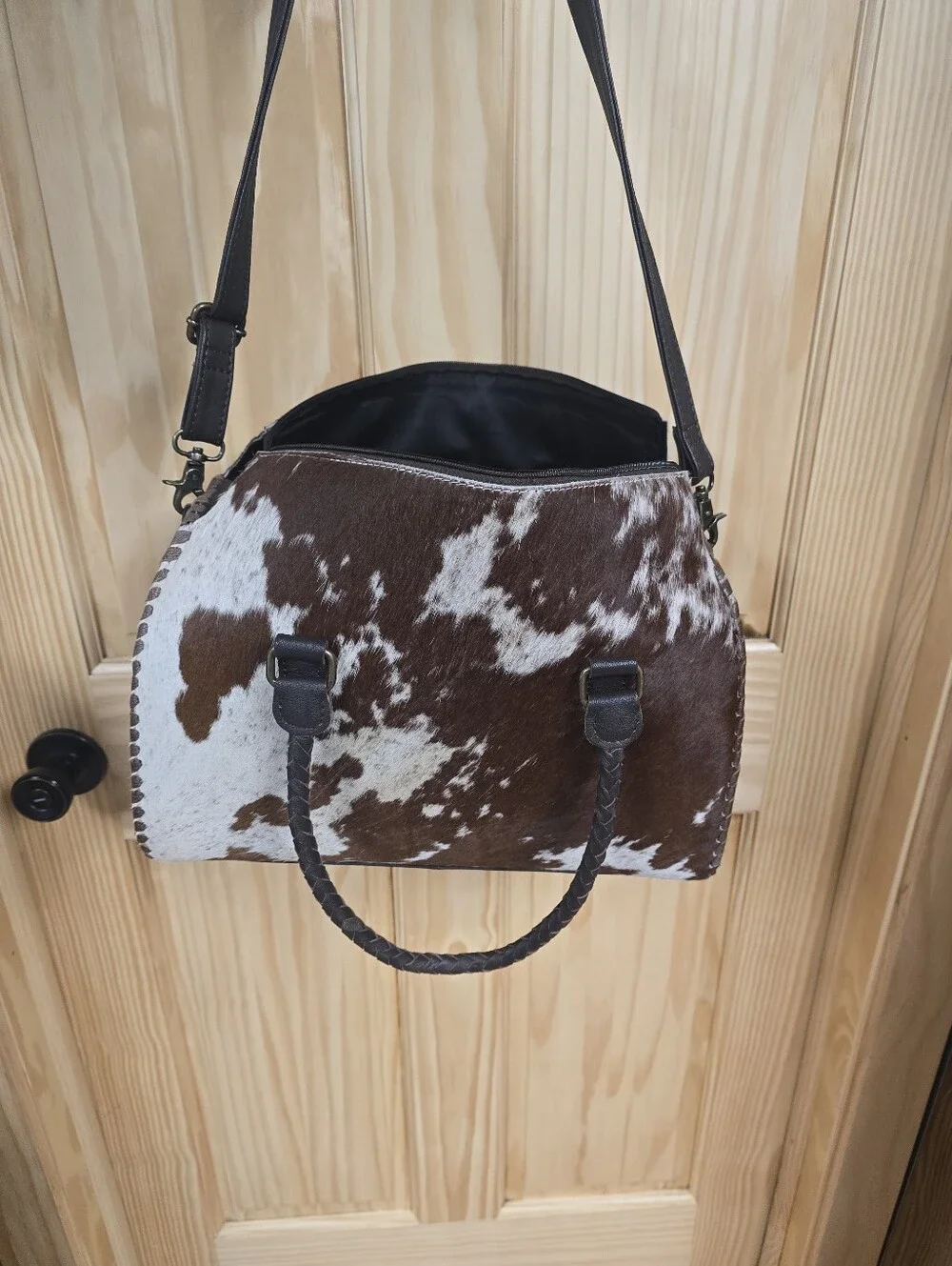 Brown and White Cowhide Dome Satchel - Women's Shoulder Bag